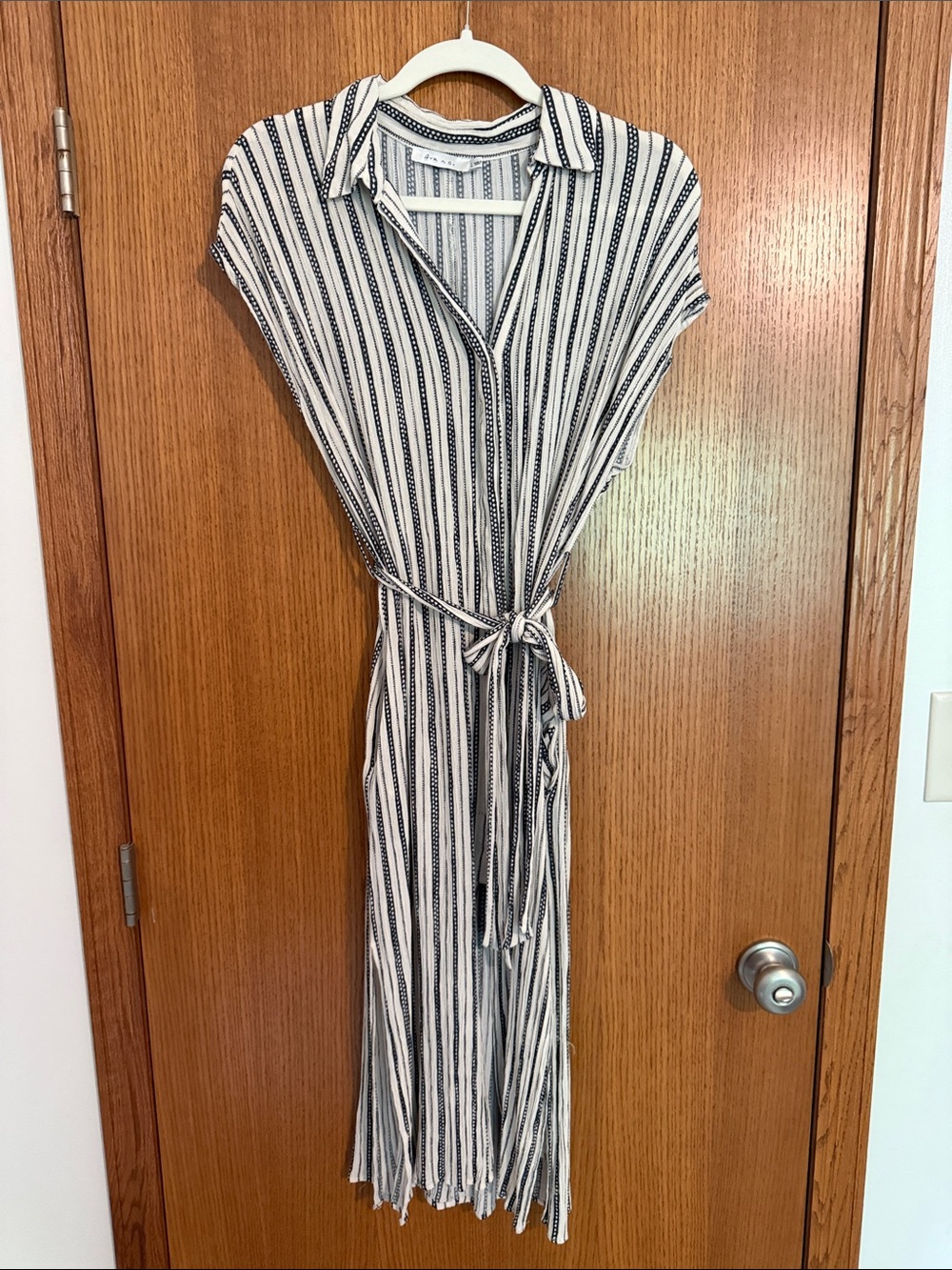 Striped Tie-Waist Shirt Dress in Cream and Black